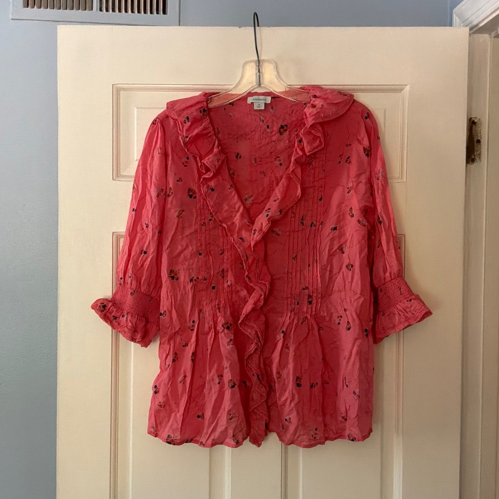 Sundance Coral Pink Floral Ruffle Pintuck Blouse Boho Peasant Top M